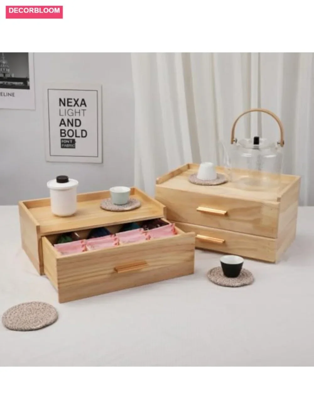 Wooden Tea Organizer with Drawer, 8 Compartments, Tea Bag Holder, Includes